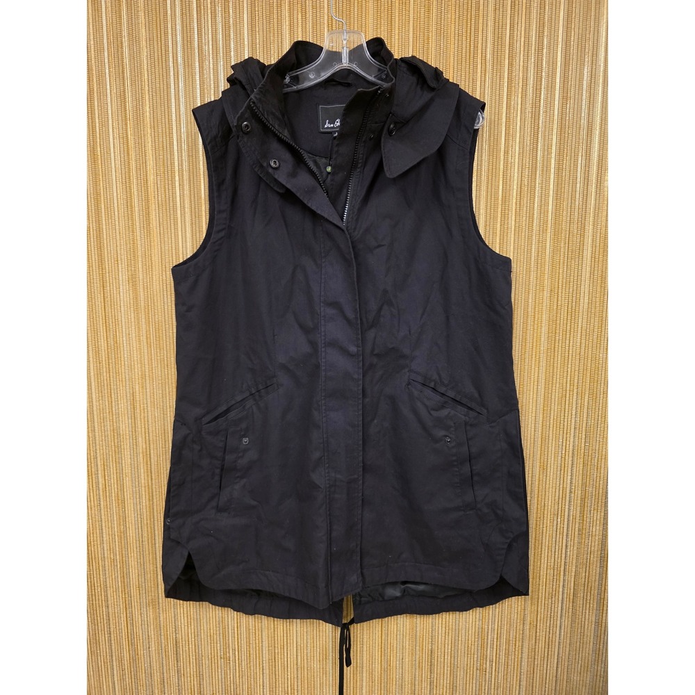 Sam Edelman Womens Black Hooded Utility Vest Jacket Size L Longline Zip Front